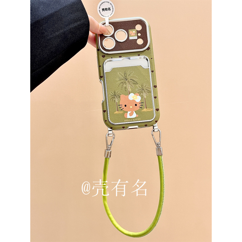 小清新绿底海滩黑皮kitty挂绳适用苹果17手机壳iPhone16/15卡包14