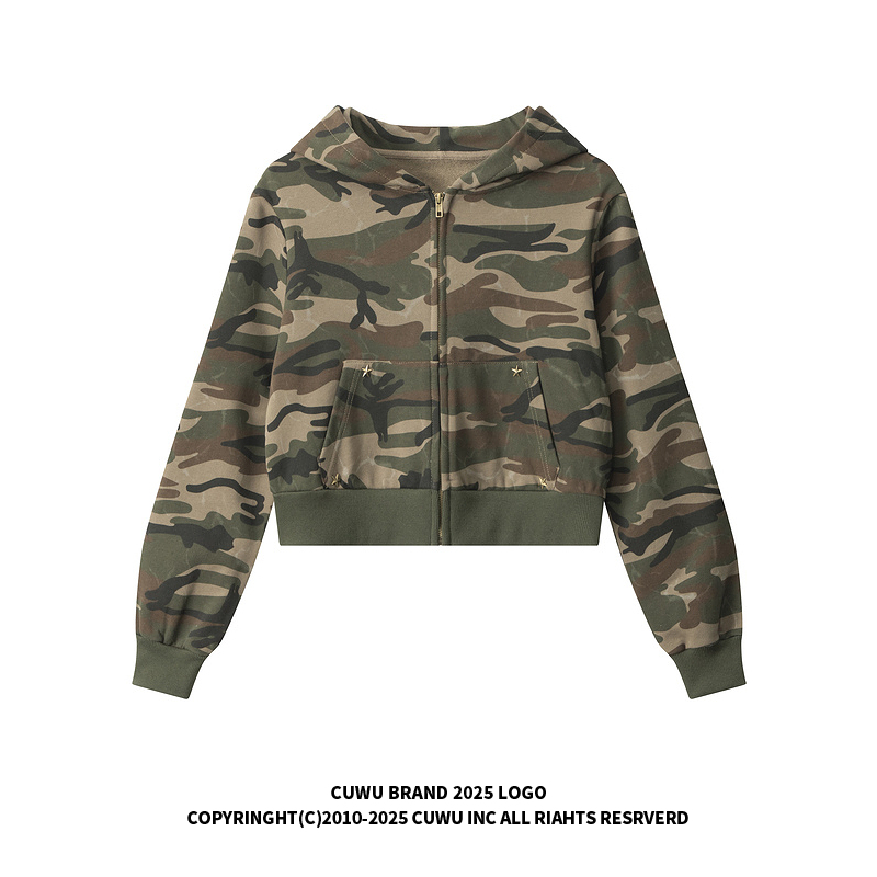 cuwu美式复古迷彩开衫卫衣连帽女春季慵懒风修身显瘦辣妹短款外套