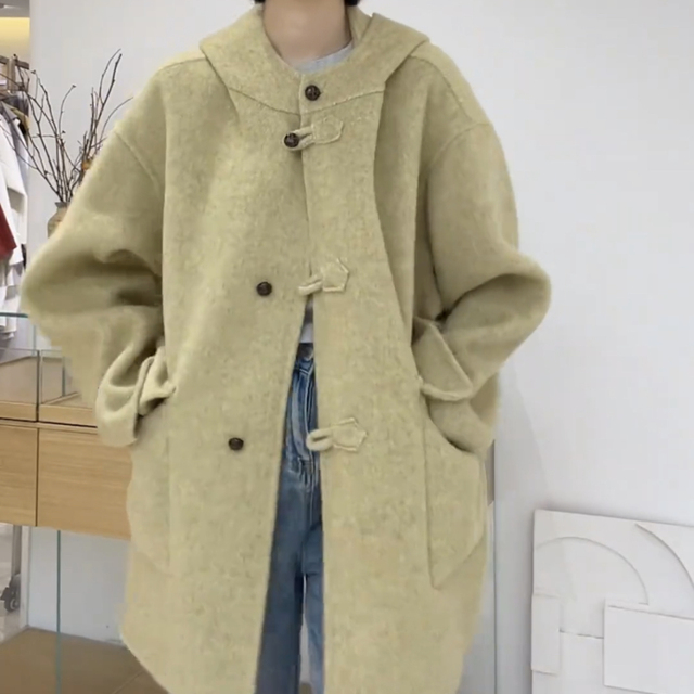 2025新款牛角扣连帽双面羊绒大衣女小个子中款韩系羊毛呢外套秋冬