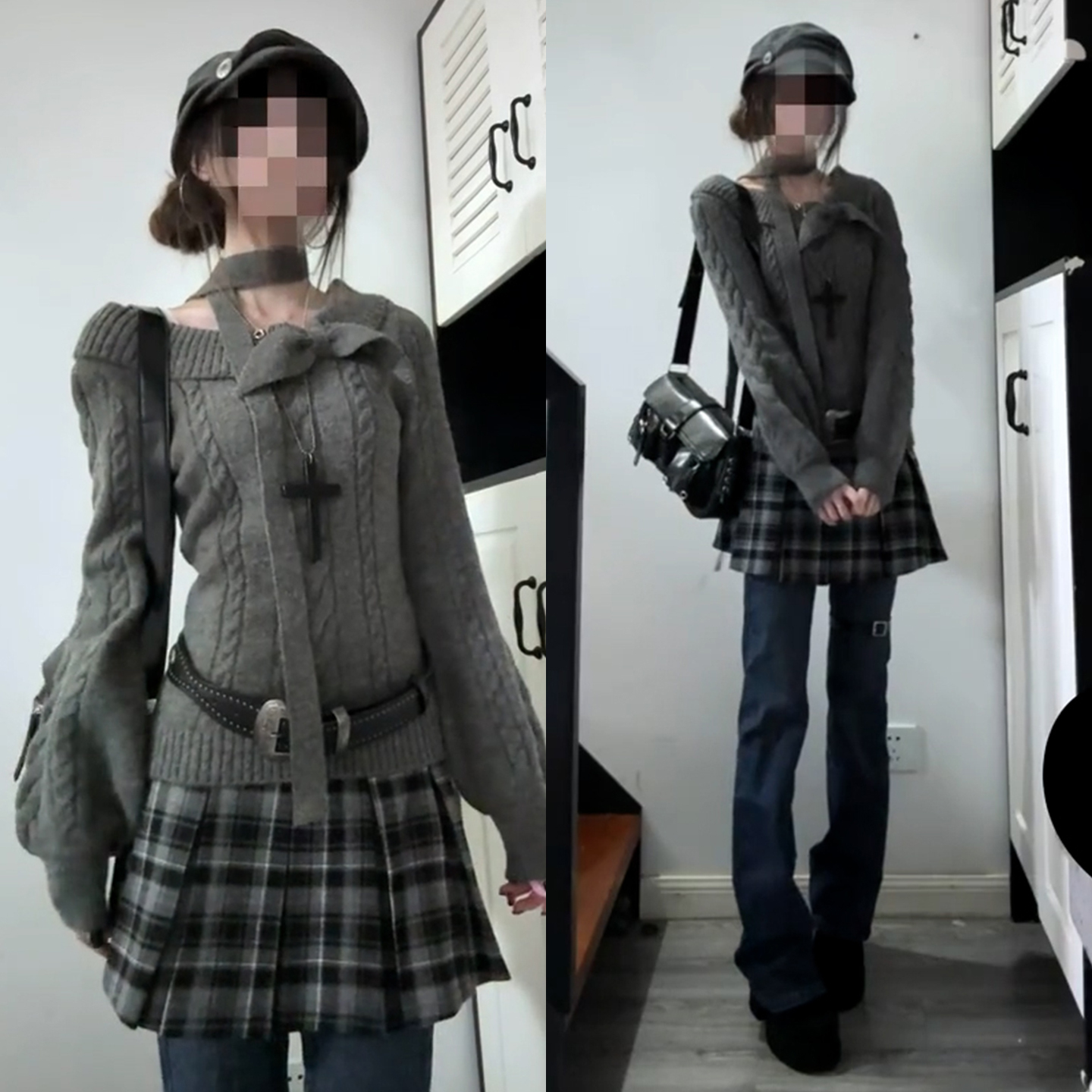 甜酷风灰色针织毛衣连衣裙子女2026秋冬季新款小个子穿搭套装短裙