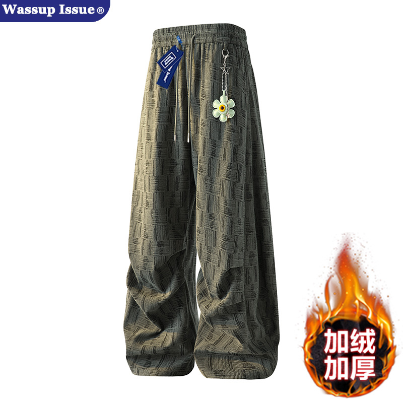WASSUP ISSUE美式扎染格纹休闲裤子男款冬季加绒宽松直筒长裤男女
