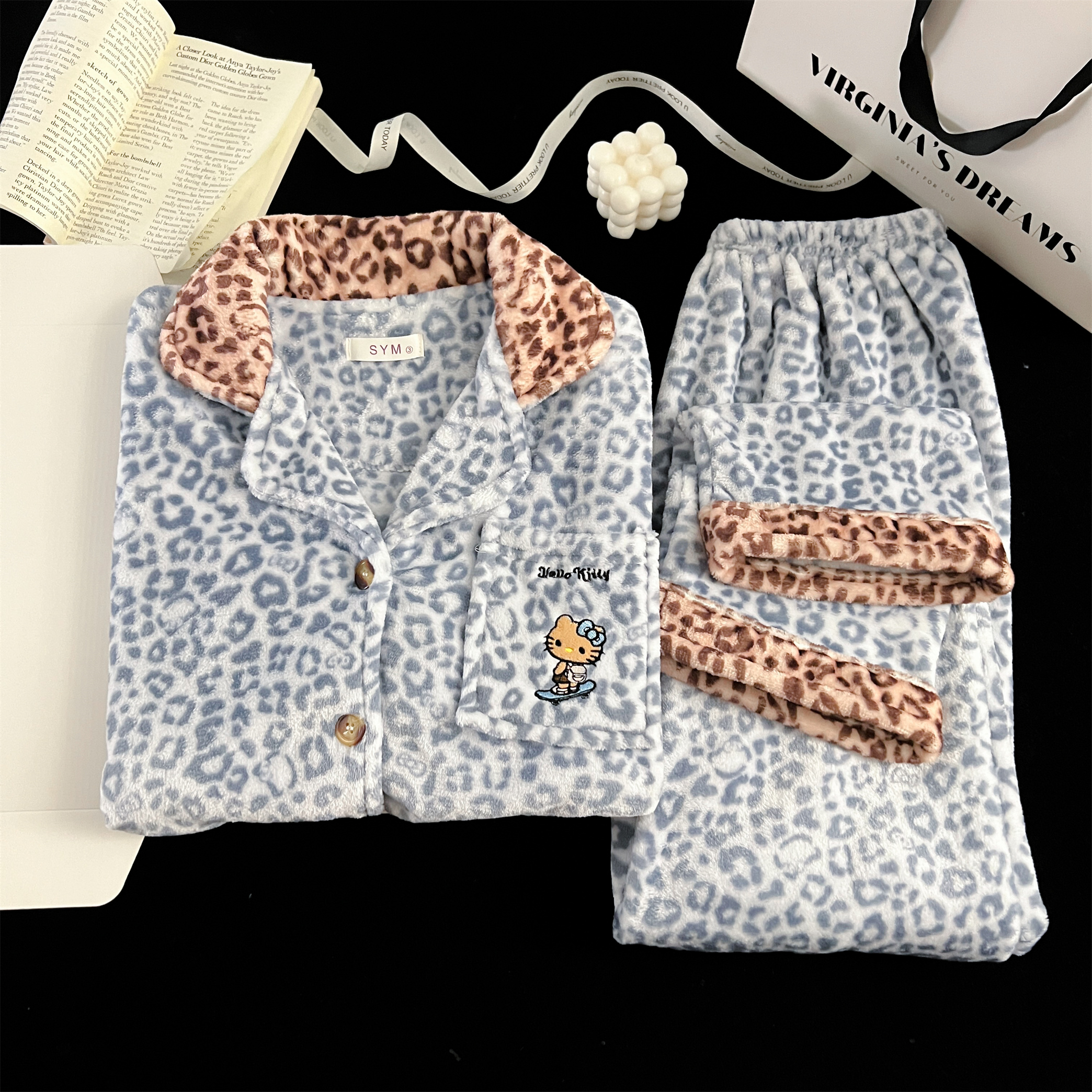 【法兰绒】秋冬季加绒加厚睡衣女款豹纹KT猫高级感家居服长袖套装