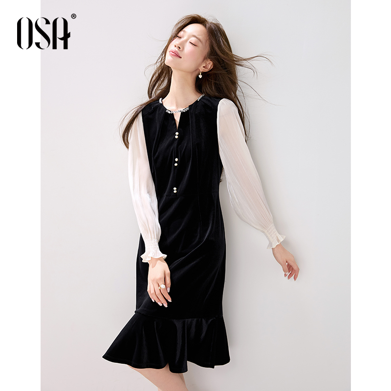 OSA/欧莎千金风小黑裙钉珠领通勤拼接泡泡袖长袖连衣裙S125C13004