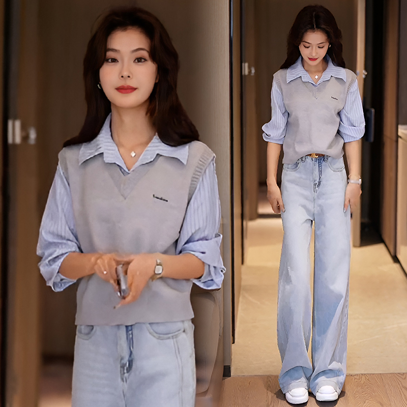 慵懒风针织背心衬衫女2025年春秋季新款宽松百搭假两件polo领上衣