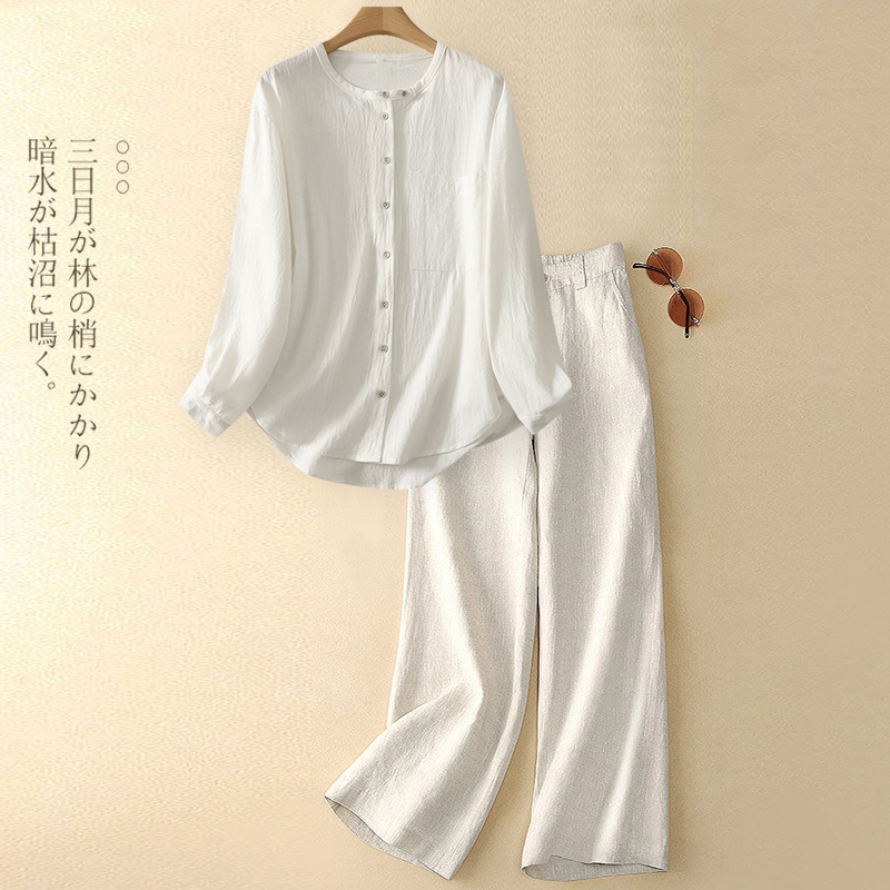 妈妈早秋季时尚苎麻套装女高端洋气亚麻圆领衬衫休闲阔腿裤两件套