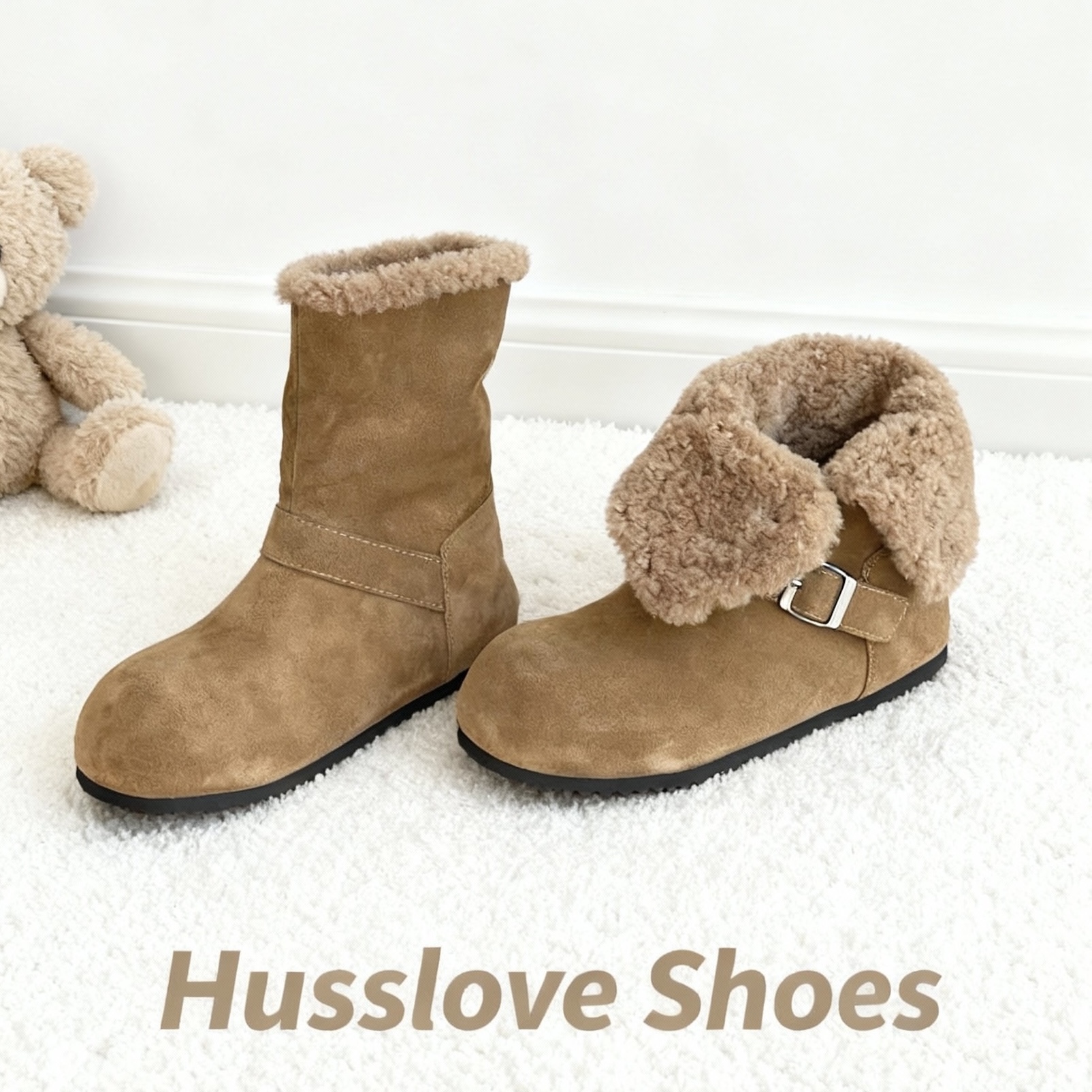 HUSSLOVE 牛反绒·跟高3CM·时尚冬季百搭保暖两穿按扣毛毛雪地靴