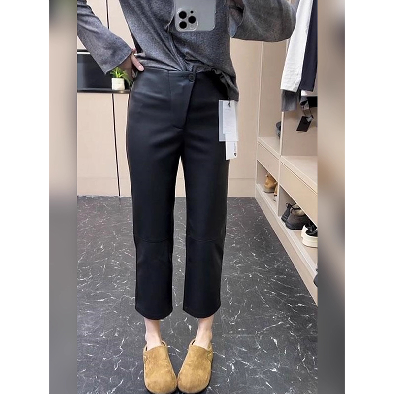 黑色修身百搭直筒休闲裤2025秋冬新款小个子高腰显瘦九分薄绒皮裤