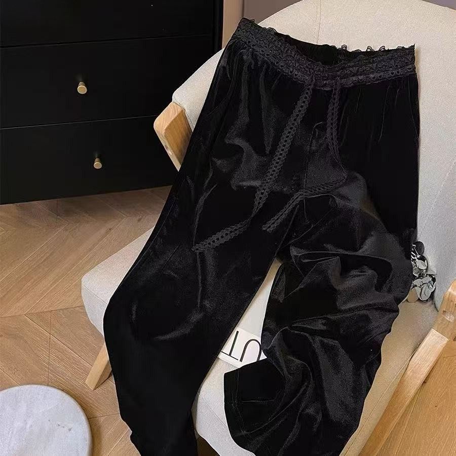 2025新款黑色金丝绒直筒阔腿休闲裤裤女休闲新款宽松高腰垂感裤子