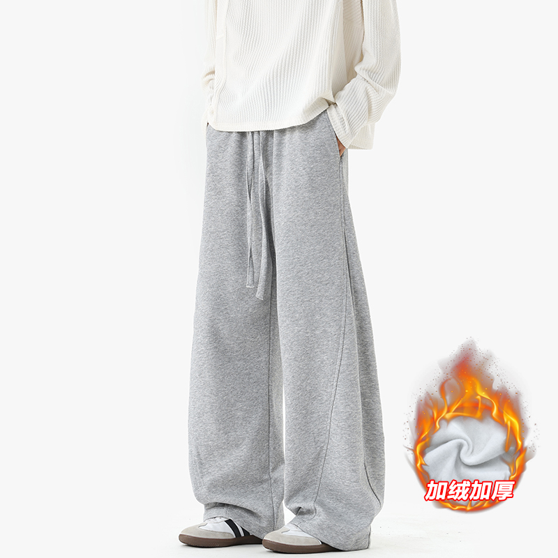 美式复古弯刀卫裤男款秋冬季直筒运动加绒裤子垂感阔腿休闲长裤