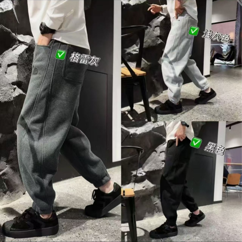 冬季新款磨毛拉绒加厚立体剪裁简约百搭休闲束脚裤男加绒休闲长裤