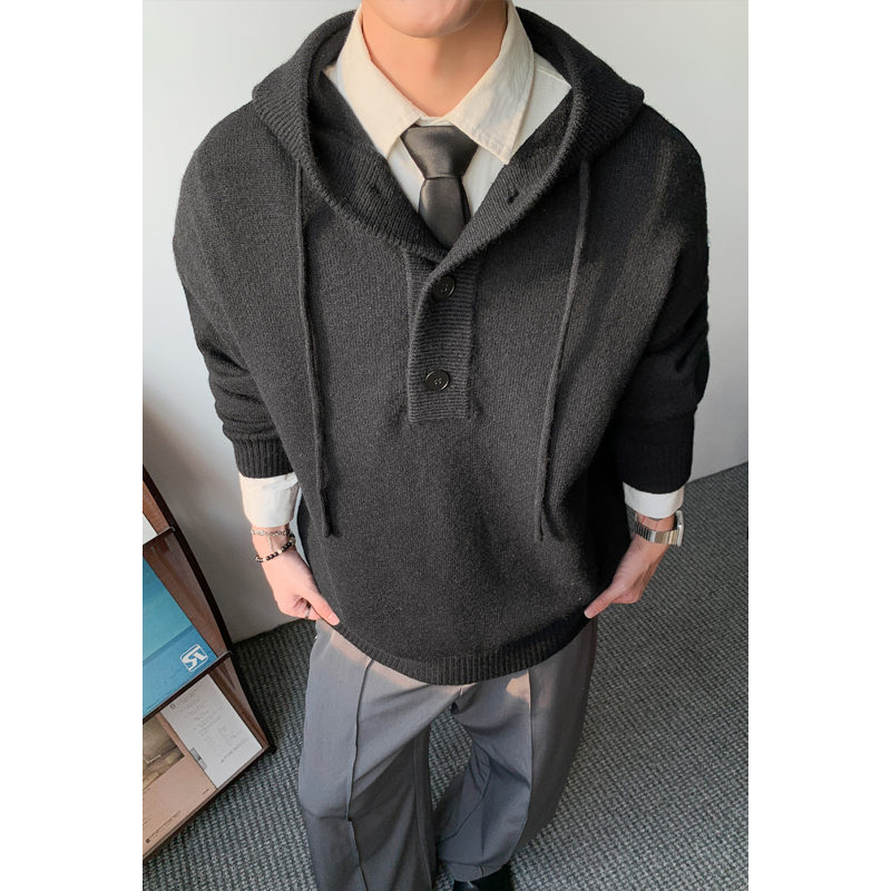 深灰色重磅连帽针织衫男秋冬季美式cleanfit毛衣高级感慵懒毛线衣