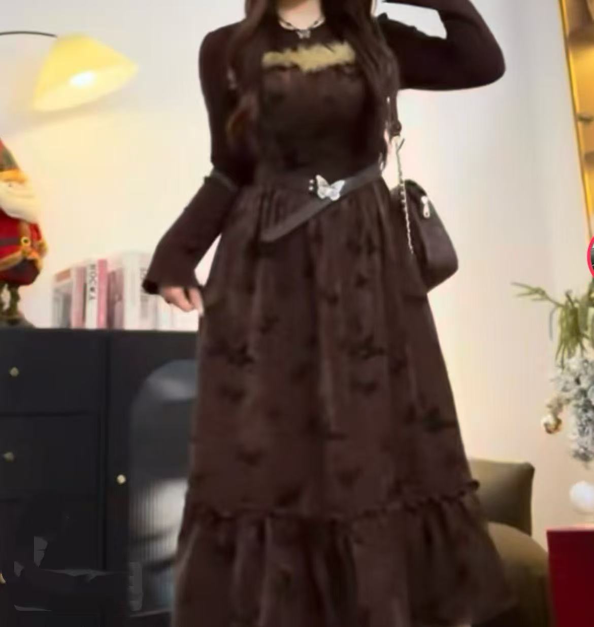 大码秋冬美拉德复古风收腰长9358短9359显瘦连衣裙两件套