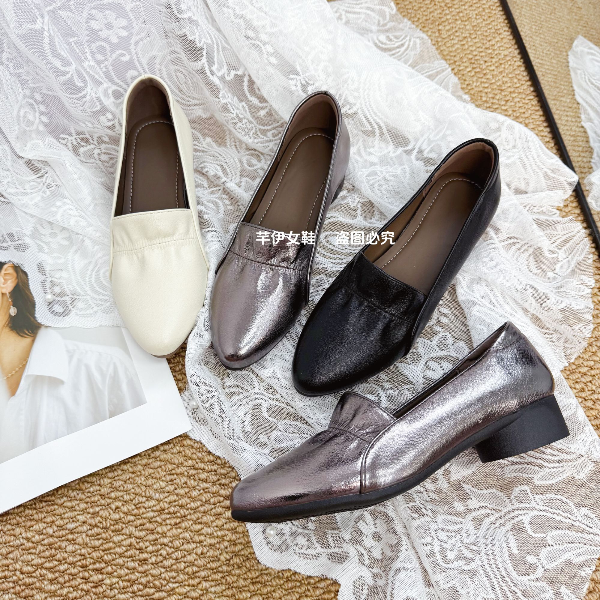 秋季新款真皮单鞋尖头软底皮鞋粗跟低跟法式浅口单鞋休闲