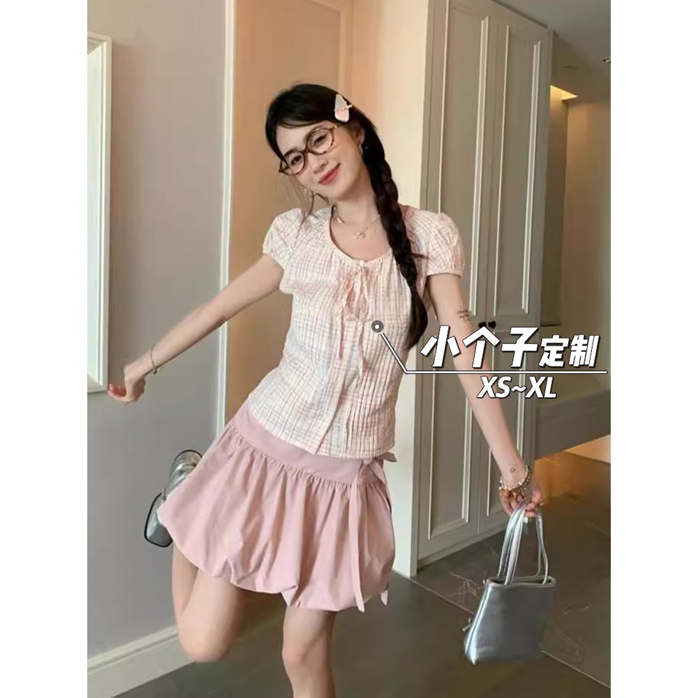 泡泡袖系带格子衬衫女秋150小矮个子高腰蓬蓬花苞裙短袖上衣套装