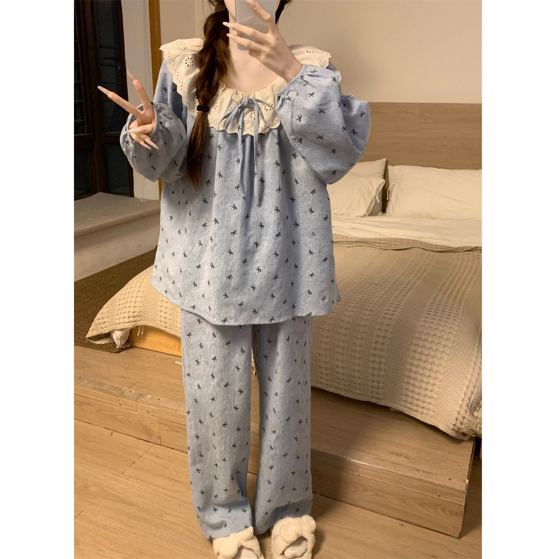 圆领纯棉睡衣女100%全棉春秋季套装甜美长袖长裤宽松可外穿家居服
