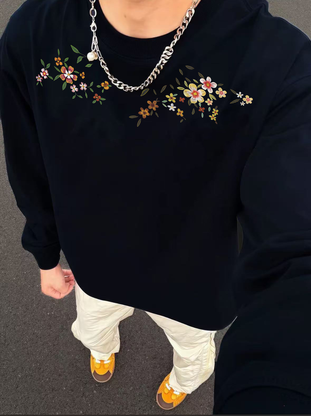 新款男长袖T恤秋冬国潮环领花枝潮流宽松休闲百搭时尚ins风打底衫