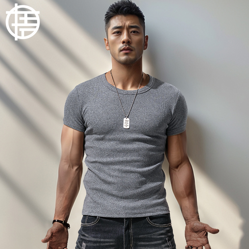 男士白色打底衫重磅260G螺纹棉短袖纯色修身紧身肌肉弹力贴身半袖
