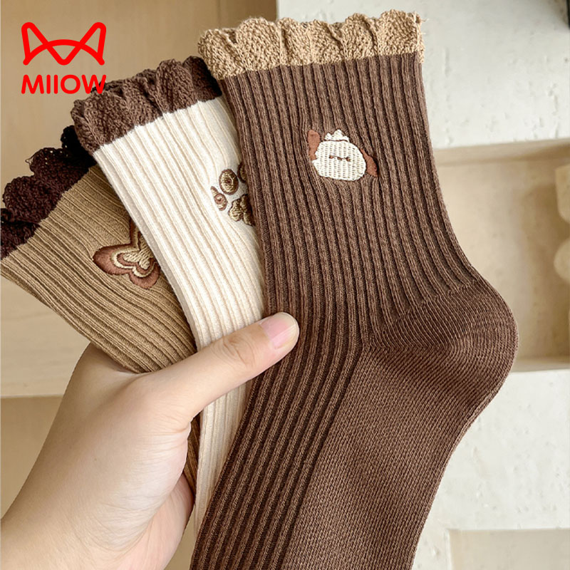 猫人袜子女款纯棉中筒袜秋冬季棉袜日系花边可爱春秋款刺绣长袜潮