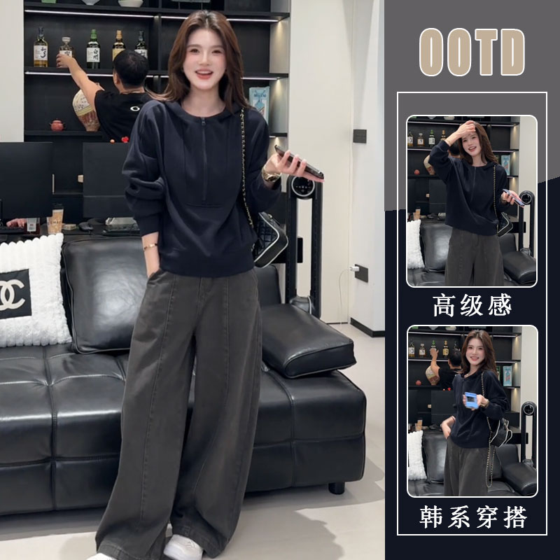 韩系女主穿搭一整套女秋冬宽松减龄通勤保暖上衣休闲裤两件套