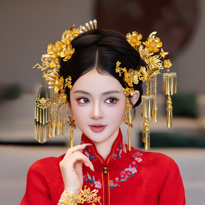 合金树脂婚庆饰品 新娘红色晨袍发饰金色流苏秀禾造型搭配MT0105