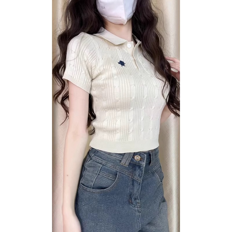 辣妹翻领刺绣冰丝针织正肩短袖t恤女夏季Polo衫修身显瘦短款上衣