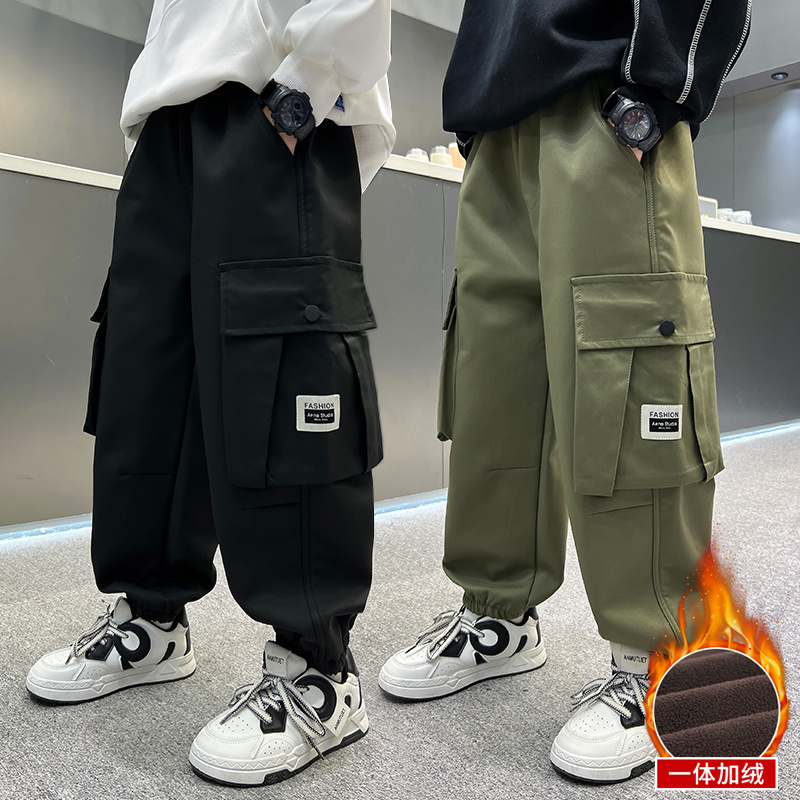 加绒裤子男童2024秋冬新款中大童时尚潮牌束脚裤儿童一体绒工装裤