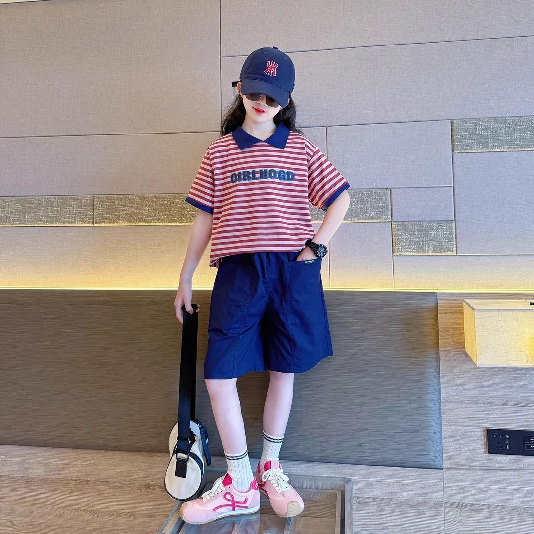 女童夏装套装2025新款洋气儿童女孩POLO领短袖条纹上衣短裤两件套