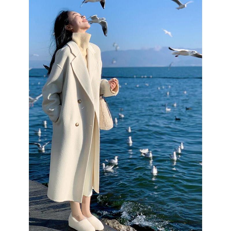 FAVMARTHA-燕麦色双面大衣女2025秋冬新款高级感中长款小个子毛呢