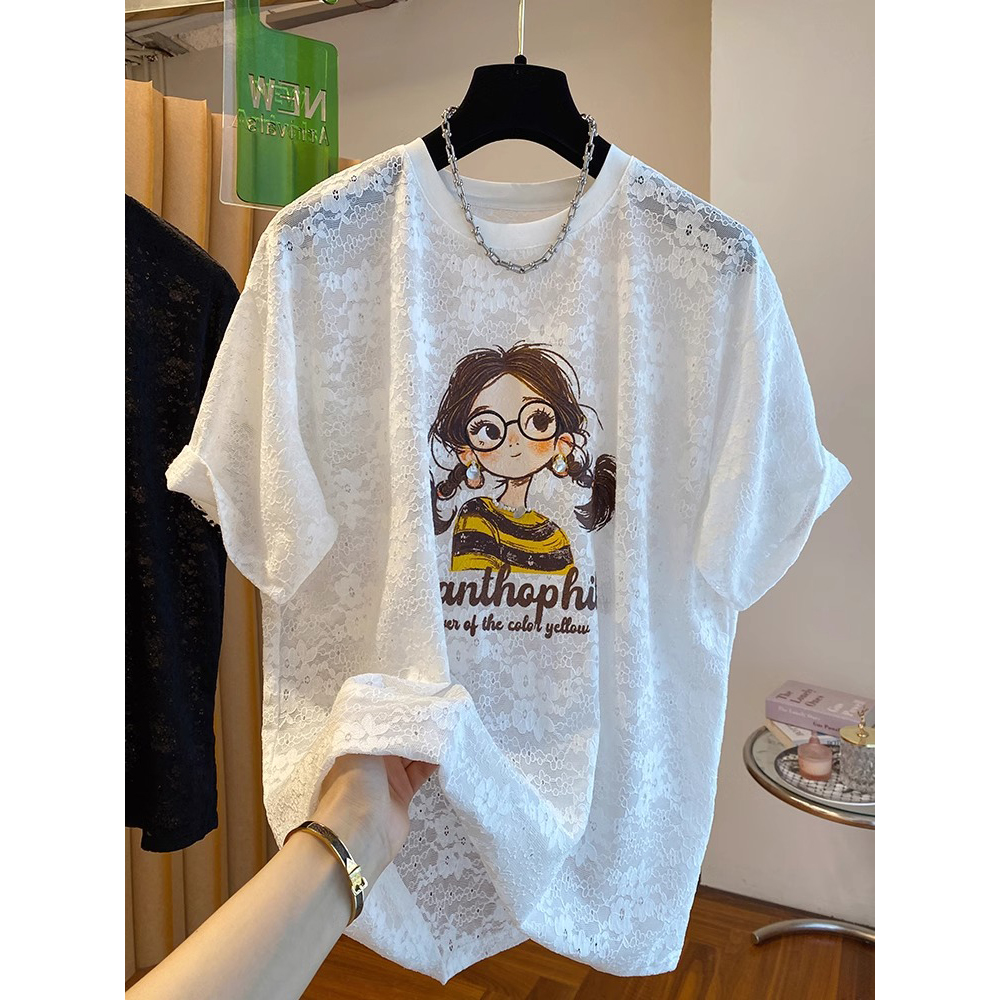 欧货240斤大码卡通女孩印花蕾丝t恤女短袖2025新款宽松胖妹妹上衣