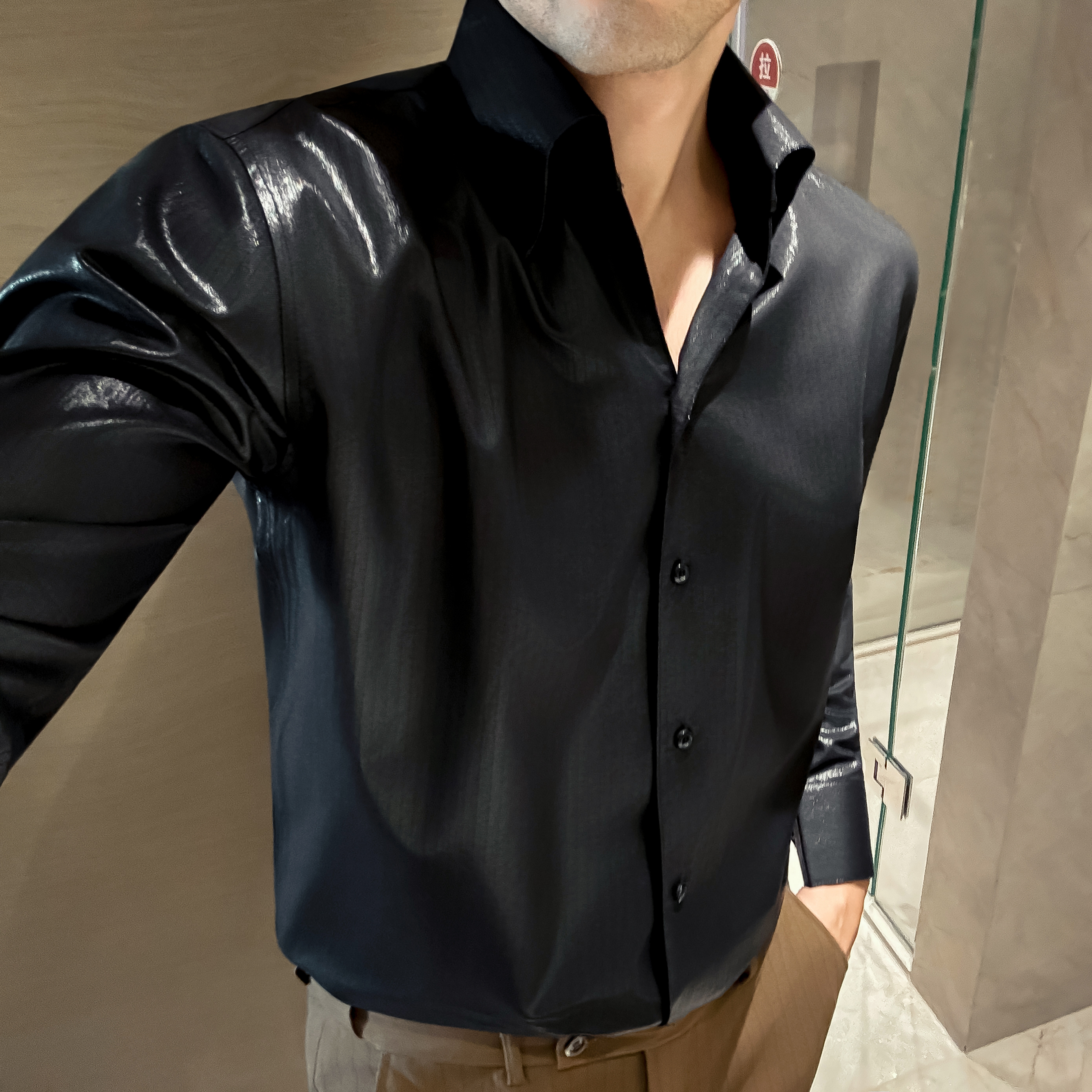 男士翻领衬衫秋季厚款印染时尚长袖刺绣衬衣黑色痞帅潮流修身上衣