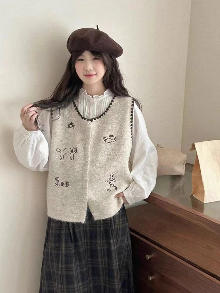 韩系早秋马甲毛衣外套女卡通刺绣减龄显瘦无袖背心针织上衣开衫女