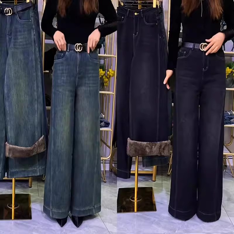 大码阔腿牛仔裤女2025新款冬季加绒加厚保暖复古宽松显瘦百搭长裤