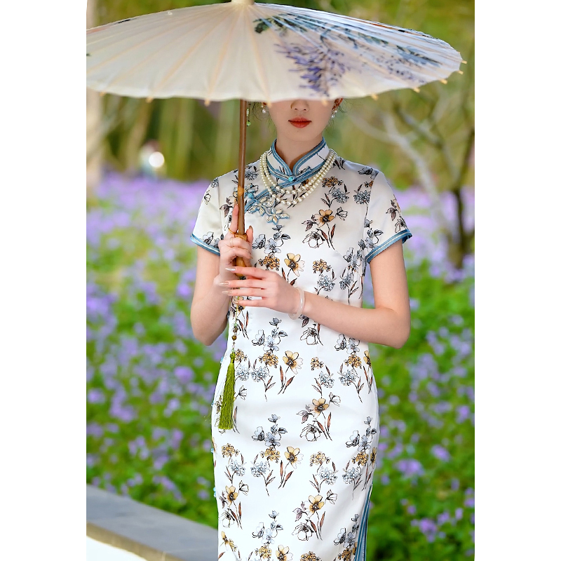 金吴针 53634 全开襟中国风旗袍气质复古优雅显瘦中长款日常春夏