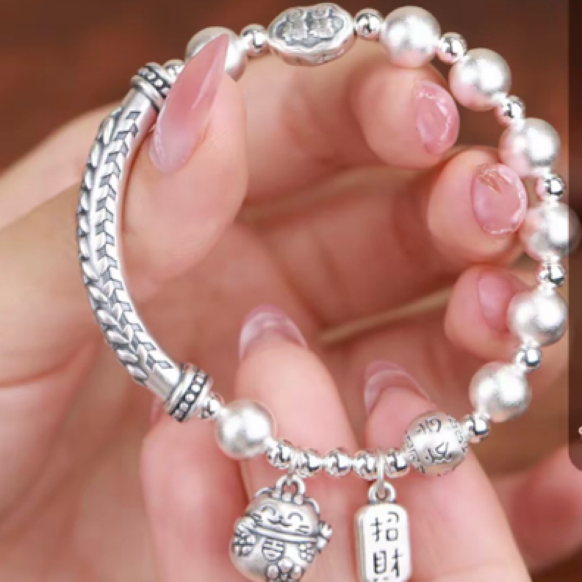 足银手链 新款足银手链《招招猫》足银定制招招猫纯银复古手链