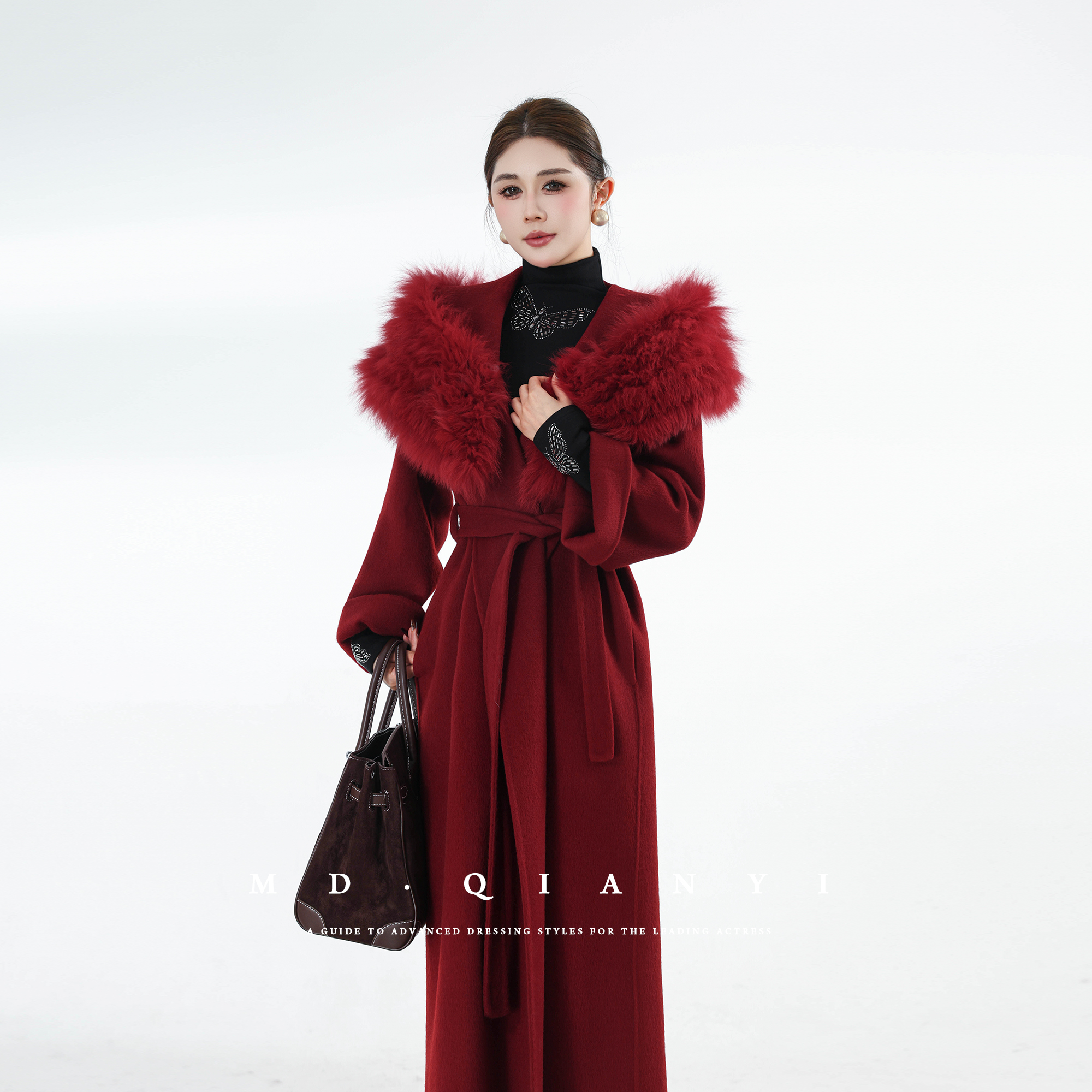 MD定制·杨千亿【棕绒奢风】2025冬季长款休闲气质大气羊毛毛呢外套