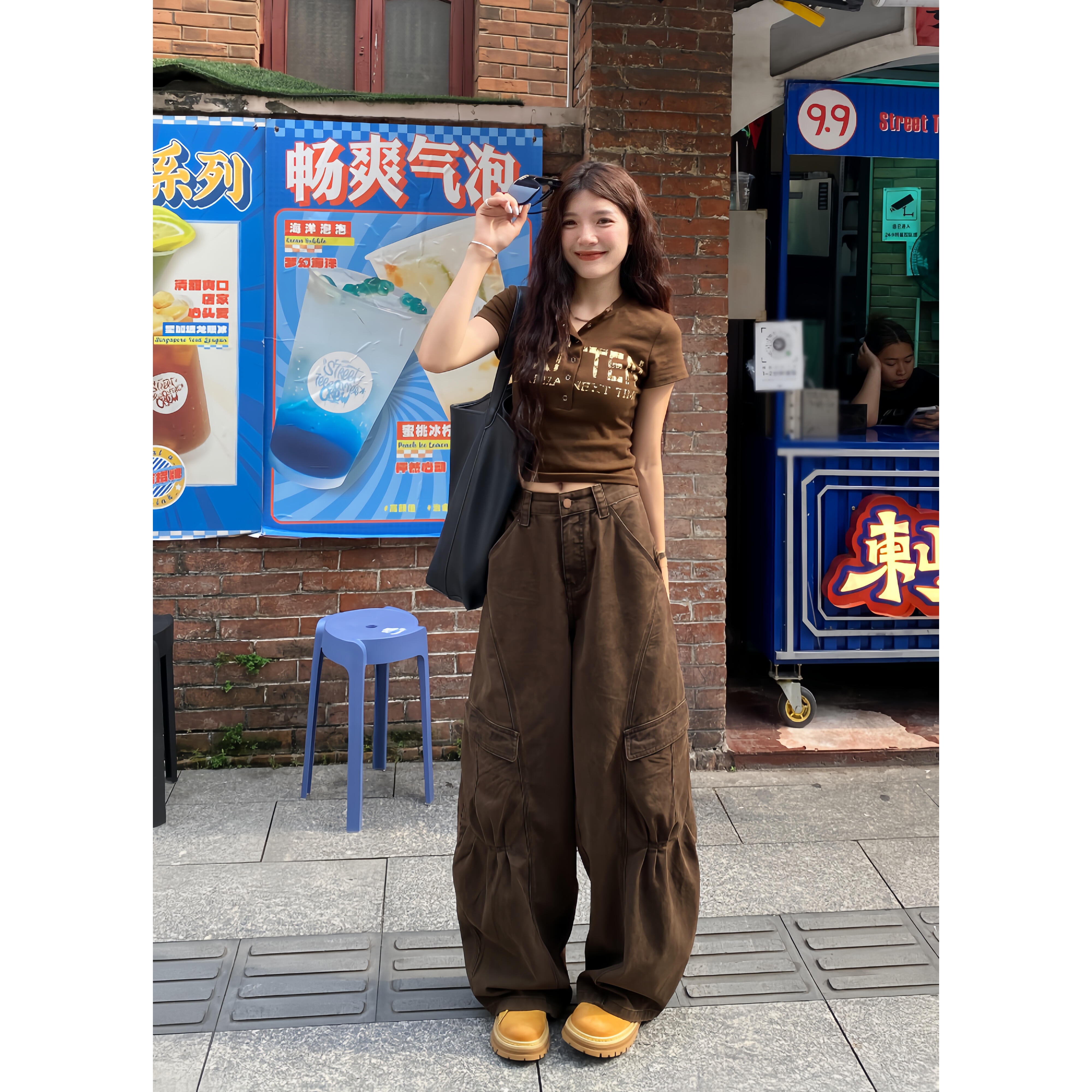 美式复古时髦口袋设计咖色工装裤阔腿女秋季街头辣妹宽松休闲长裤