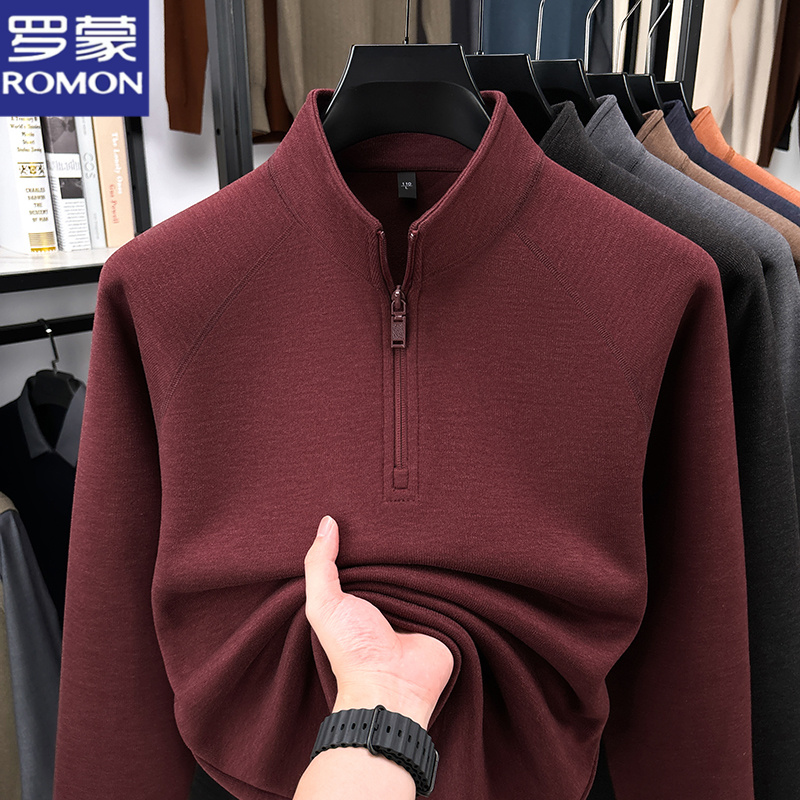 罗蒙品牌双面德绒加厚卫衣秋冬中年男士长袖t恤半拉链立领打底衫