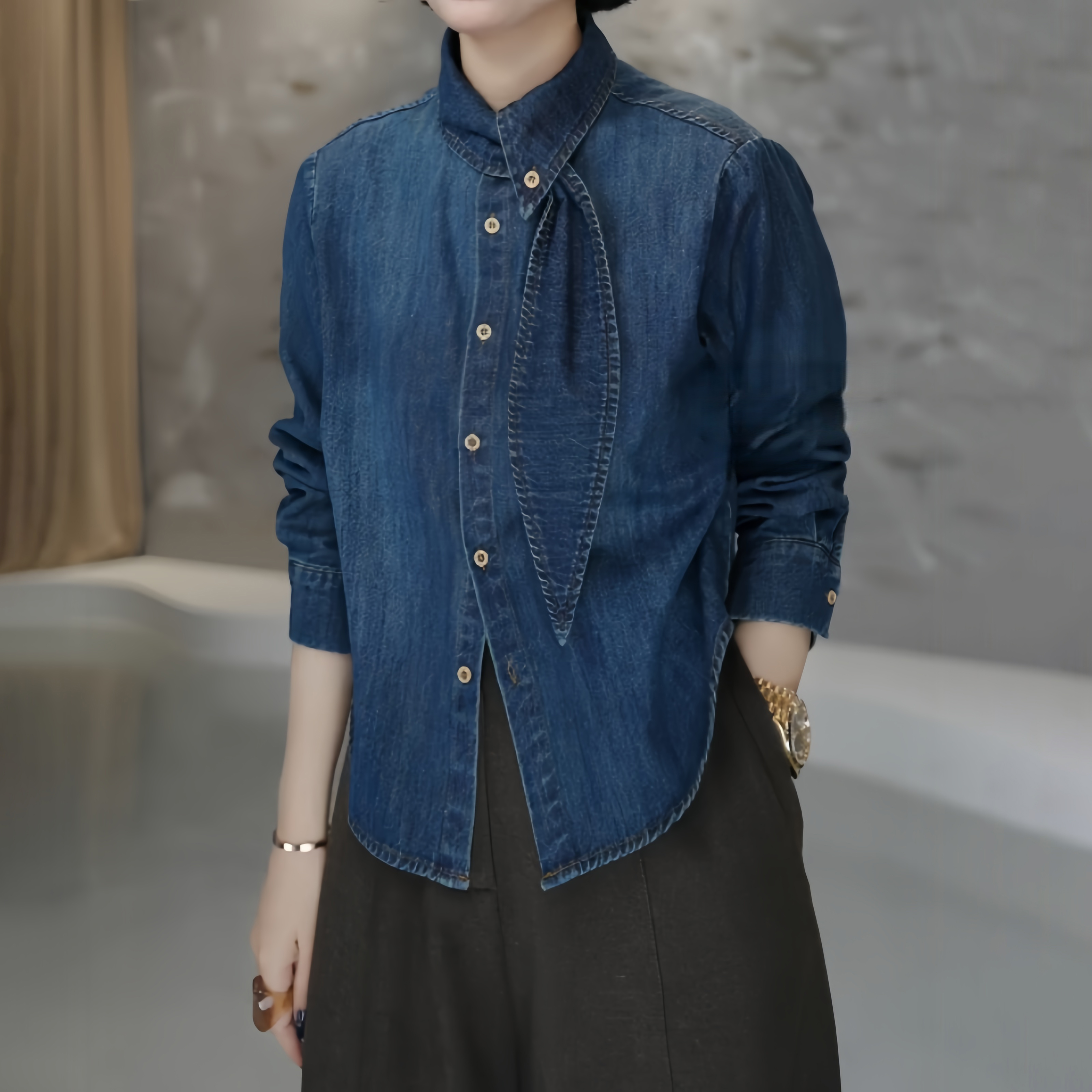 复古飘带翻领衬衫2025冬季新款设计感单排扣时尚气质磨毛牛仔衬衣