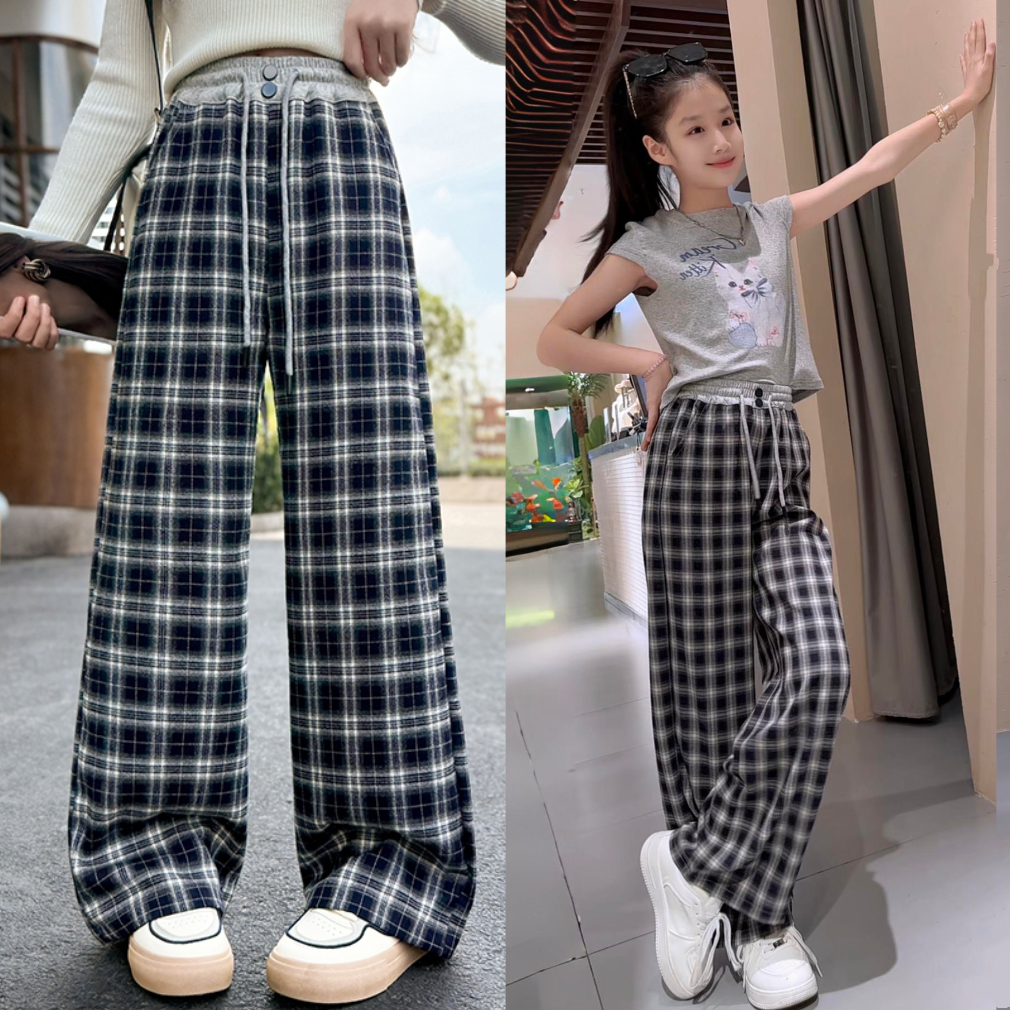 女童夏季裤子2025新款大童夏季女孩格子裤宽松初中学生休闲阔腿裤