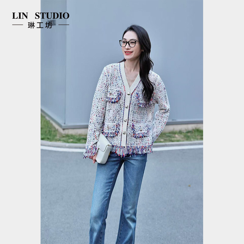 【山羊绒】琳工坊“点绿”花色针织衫小香风优雅时尚气质休闲唐琳设计