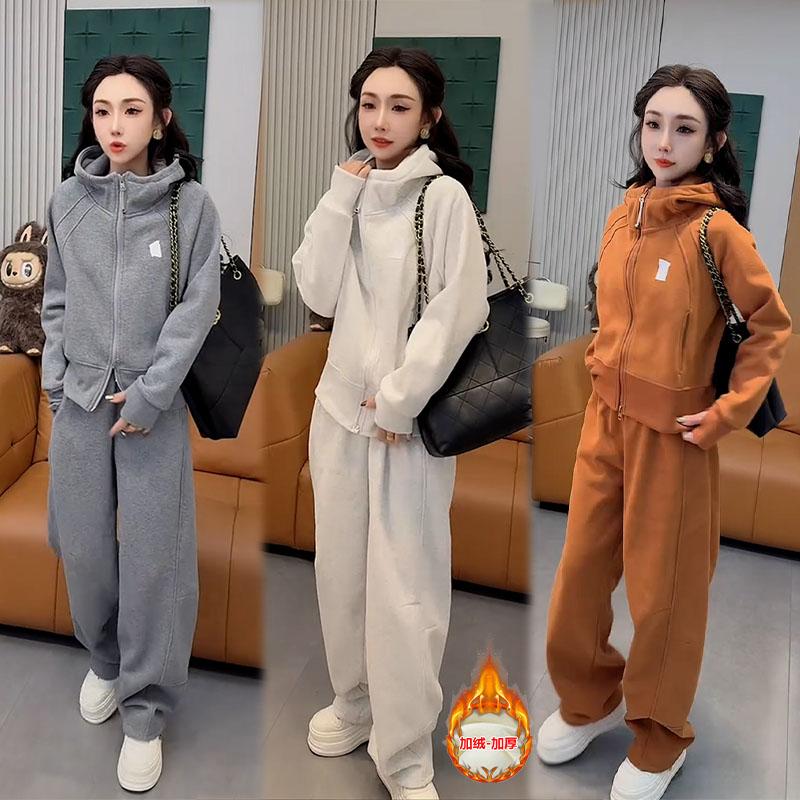 2025秋季新款设计感百搭气质长袖连帽外套女搭配休闲卫裤两件套装