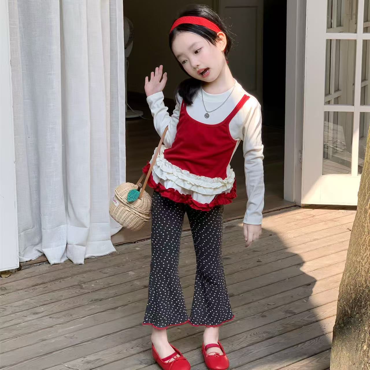 女童套装2025新款春秋季韩版洋气假两件花边打底衫女孩波点喇叭裤