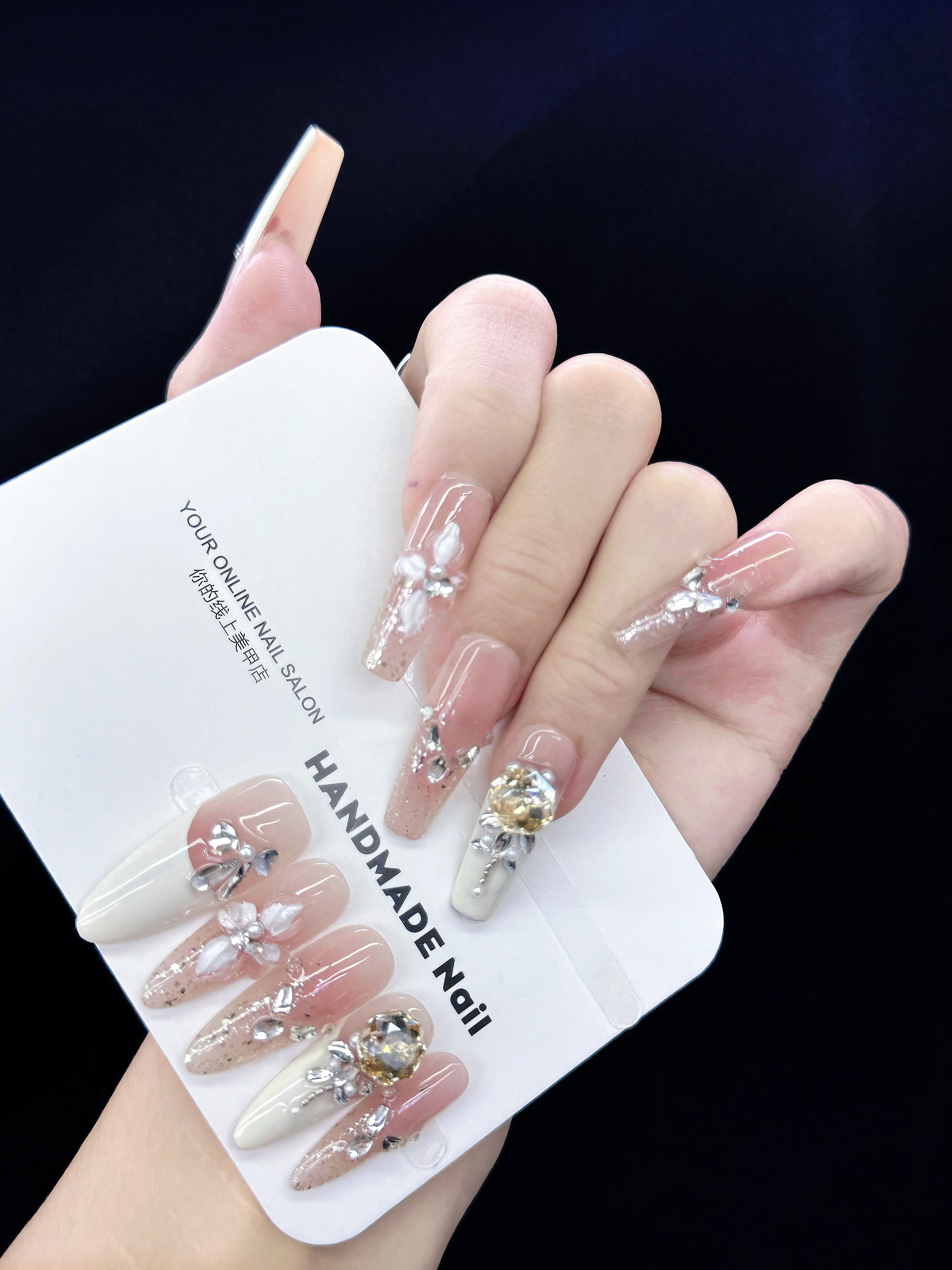 【致己2】玫瑰爱情浪漫高级白法式渐变爆闪猫眼显白手工穿戴甲贴片