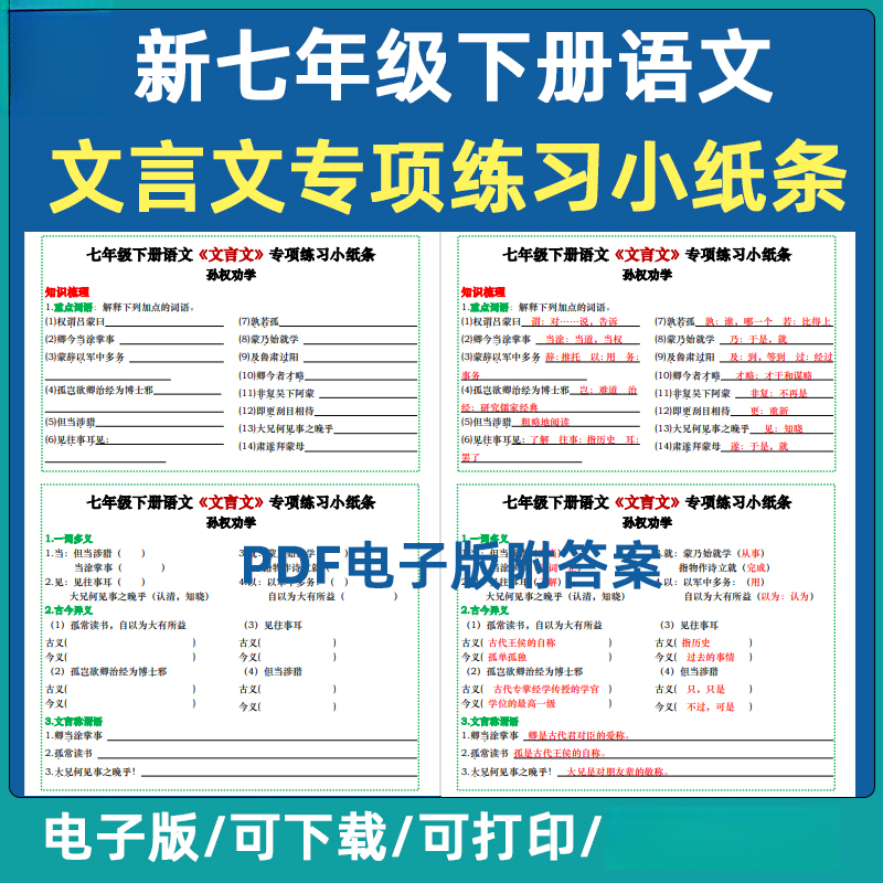 2025新初中语文七年级下册文言文专项练习每日一练小纸条789上