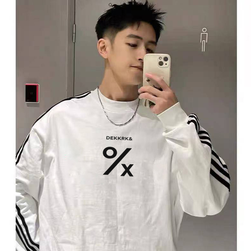 vibe简约符号印花三条杠长袖T恤男秋季潮牌百搭宽松纯棉打底上衣