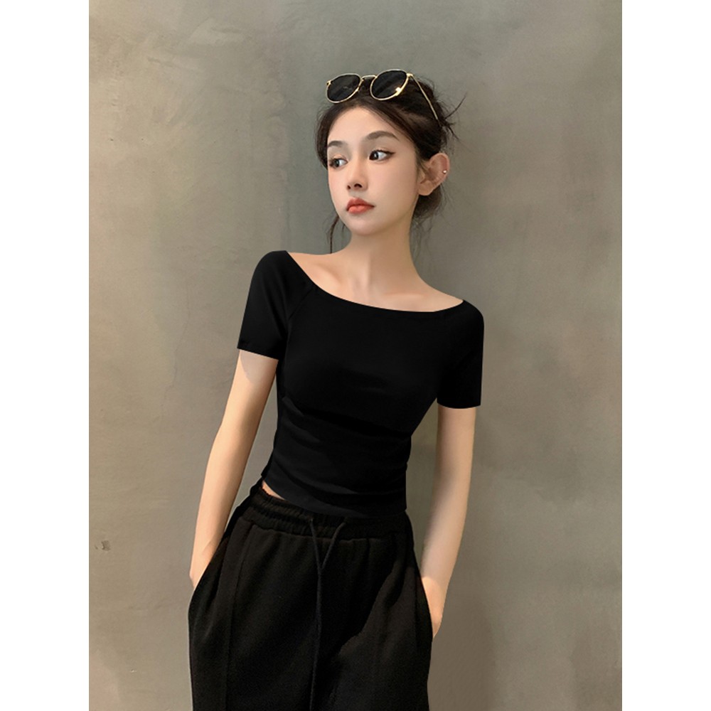夏季黑色一字领短袖T恤女精棉露脐短款法式洋气露肩欧货紧身上衣
