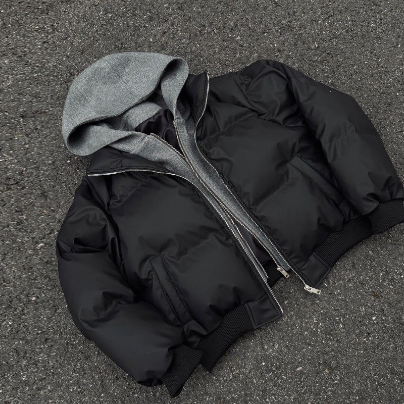 PU皮假两件连帽夹克棉服男冬季加厚保暖棉衣外套美式短款廓形棉衣