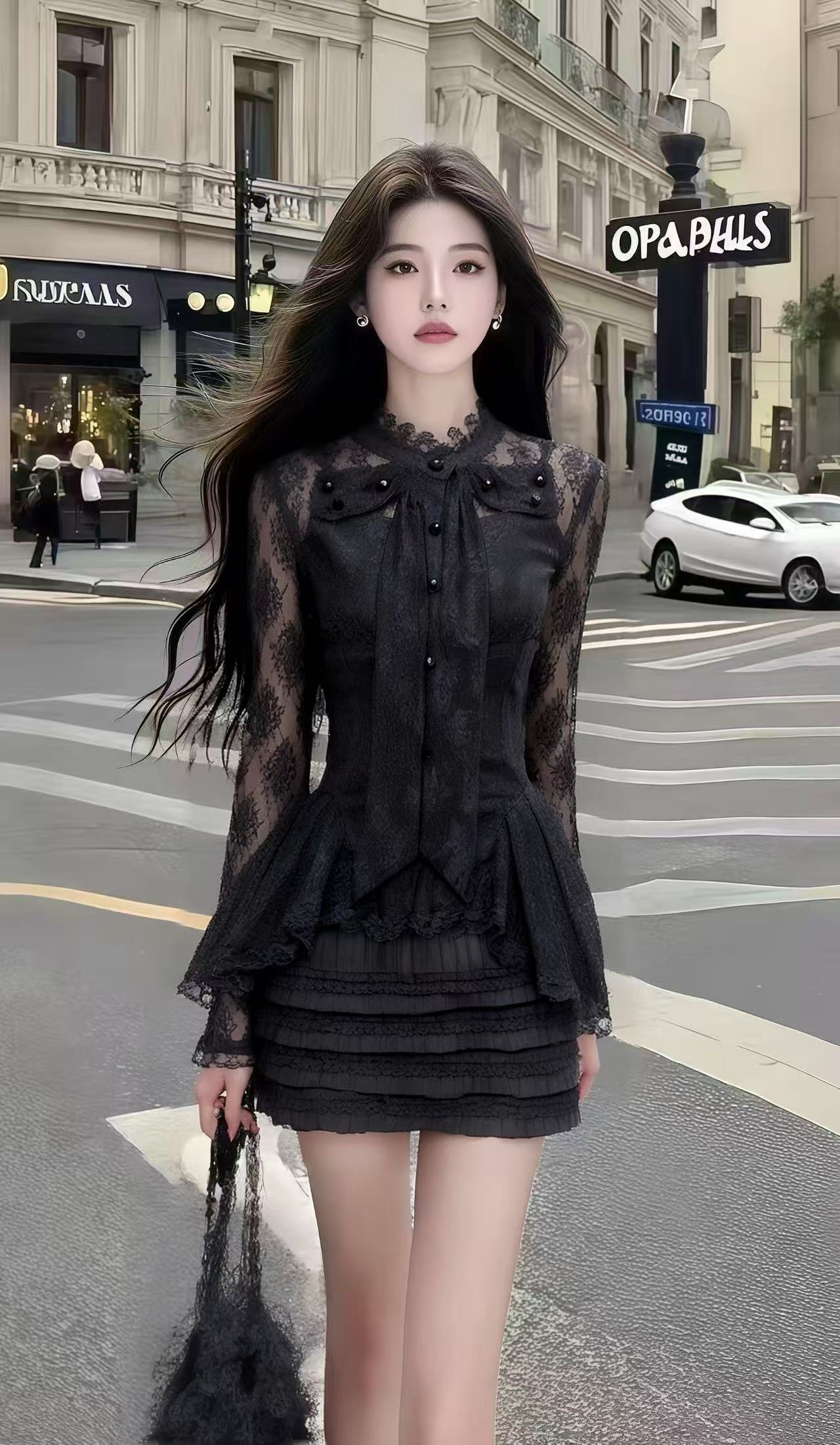 韩版秋季氛围感纯欲风黑色蕾丝立领长袖修身上衣+包臀半身裙套装