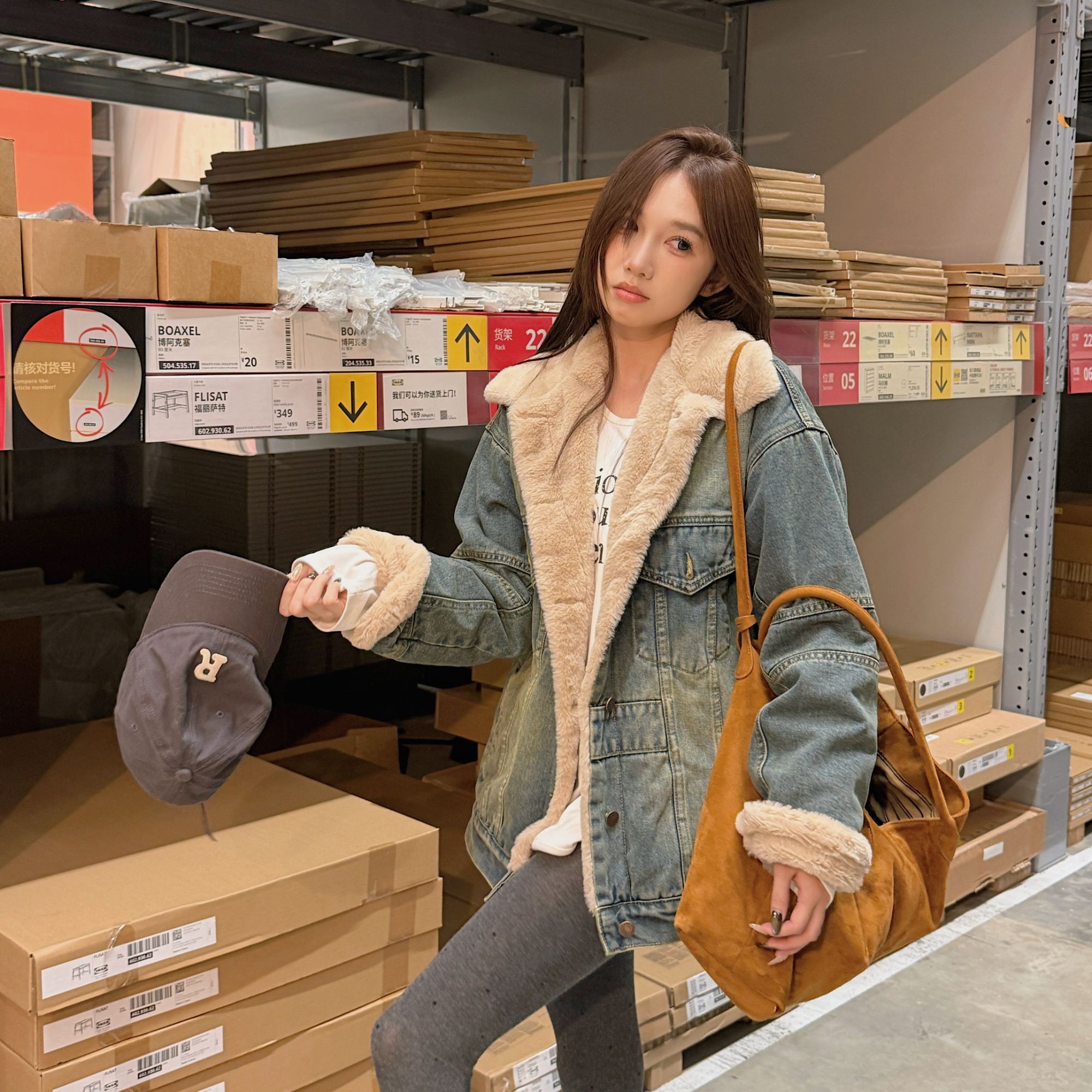 【运补】冬季复古拼接加绒牛仔外套女冬季宽松学院风痞帅情侣棉衣