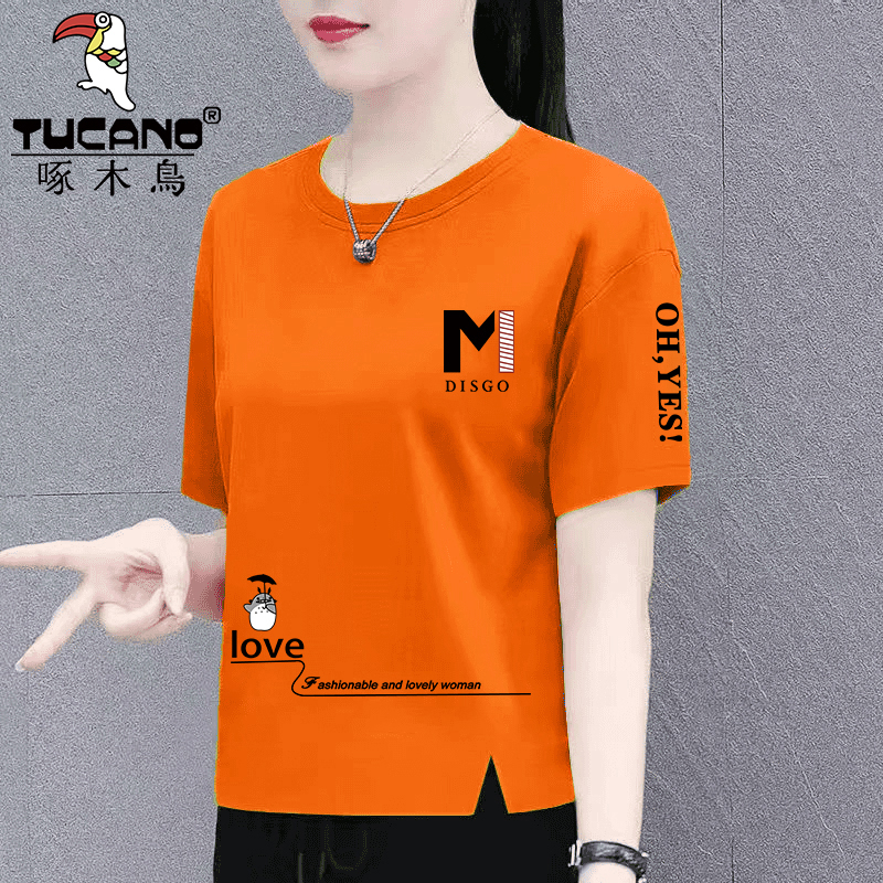 啄木鸟纯棉短袖T恤女夏中年女装洋气时髦气质宽松百搭印花体恤衫